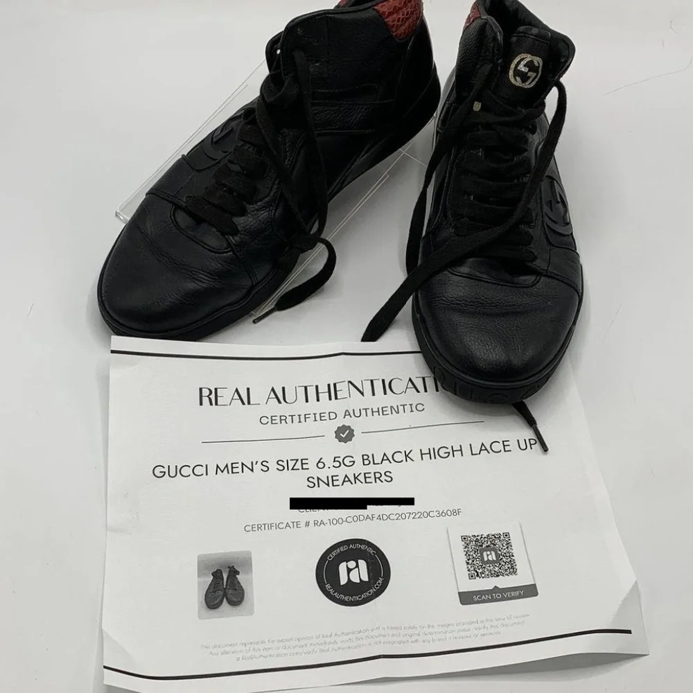 Gucci Men's Black Leather Sneakers Size 6.5 Black High Lace Up Sneakers w/COA